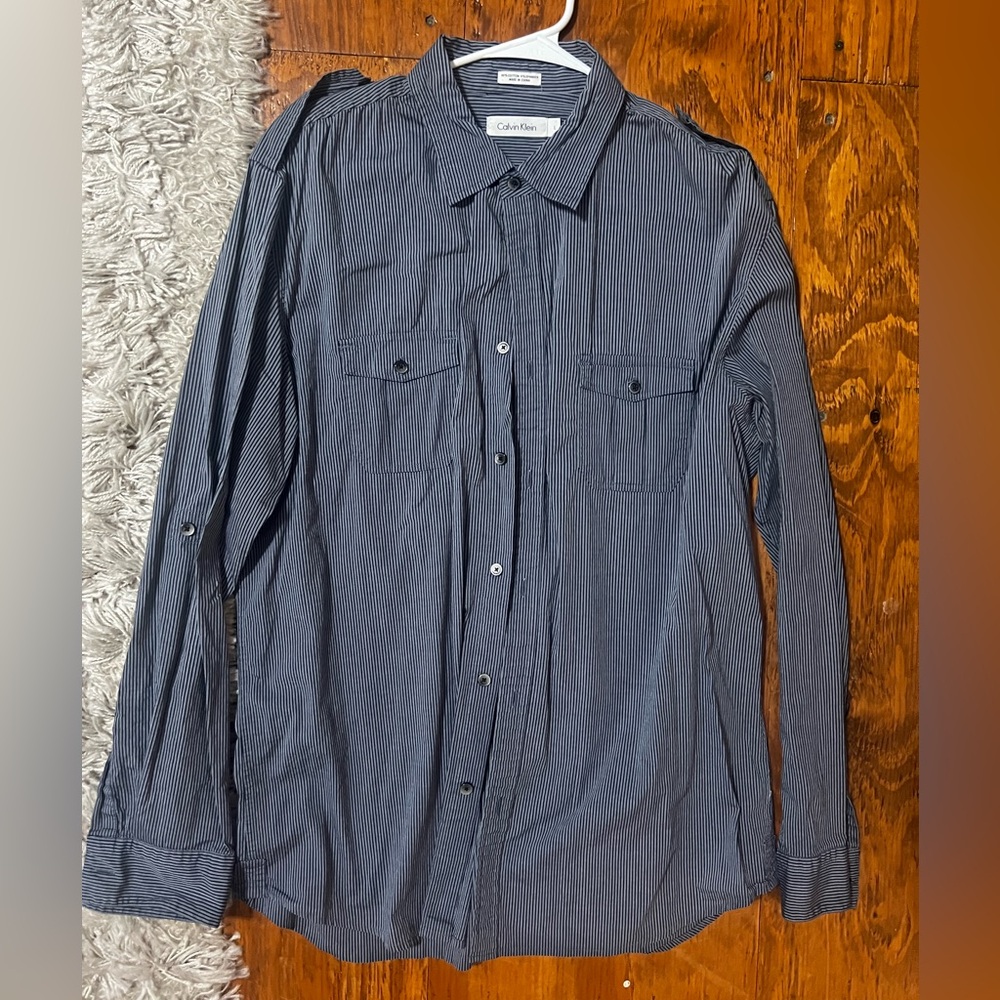 Calvin Klein Navy and Grey Striped Shirt